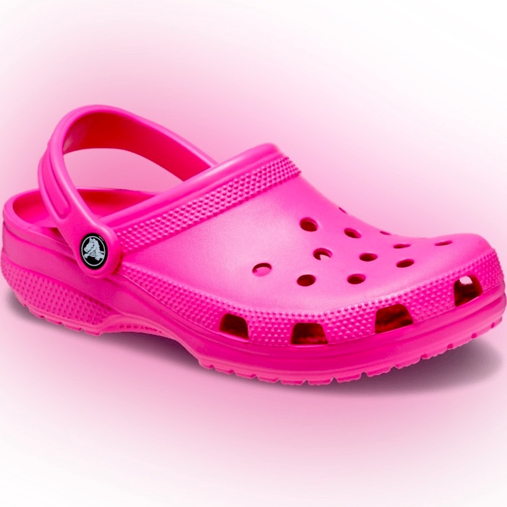 Barbie pink CROCS, juice color, holds 26 Jibbitz charms